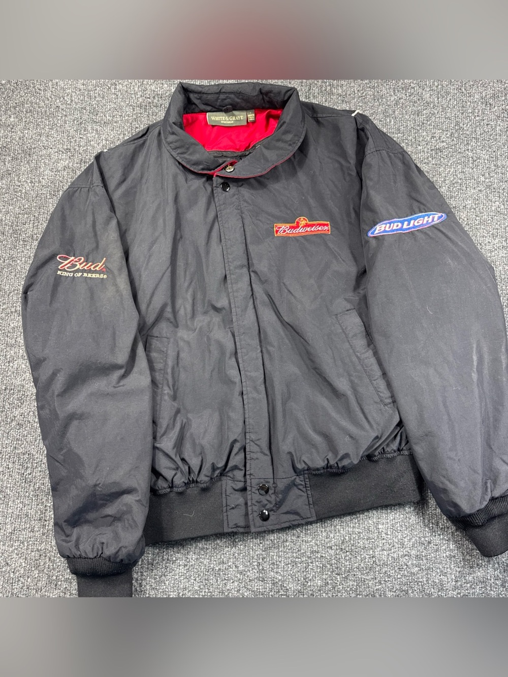 Vintage Budweiser Bud Quilted Jacket Black Red Embroidered Nylon Wind Breaker L